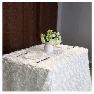 3D Floral White Rosette Tablecloth Rectangular 60 x102 Inches Floral Satin